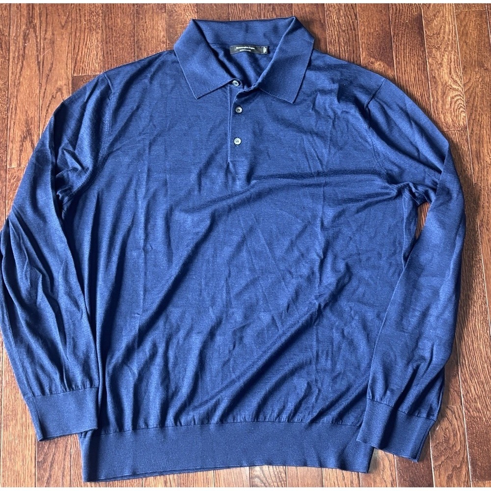 Zegna  Cashseta Polo Long Sleeve Blue Collared Cashmere Silk 4XL 60